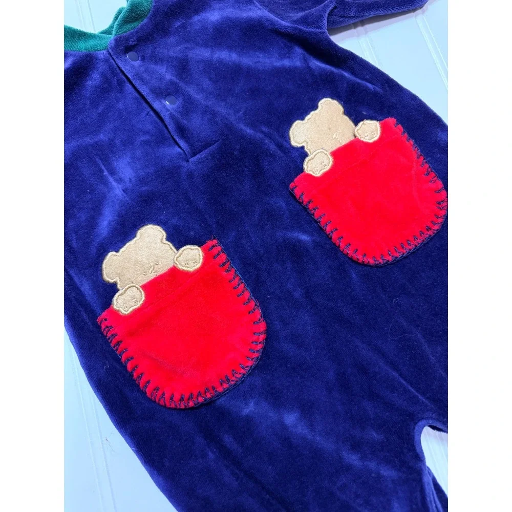 Little Me Vintage Baby Velour Footed Sleeper Navy Blue Bear Pockets 3-6 Months
